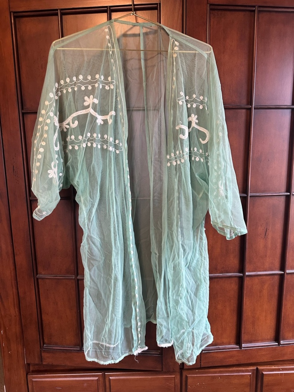 Sheer Mint Green Embroidered Kimono
